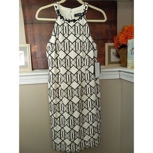 Nine West Ivory/black Geometric Sleeveless Beaded Neck‎ Dress Size 4